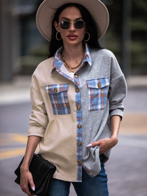 Plaid Contrast Drop Shoulder Shacket TOPS Jessie Knowles