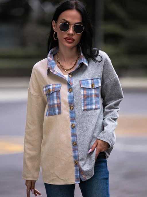 Plaid Contrast Drop Shoulder Shacket TOPS Jessie Knowles