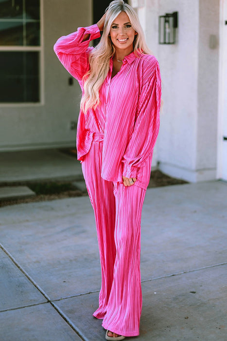 Pleated Button Up Shirt and Wide-Leg Pants Set  Jessie Knowles