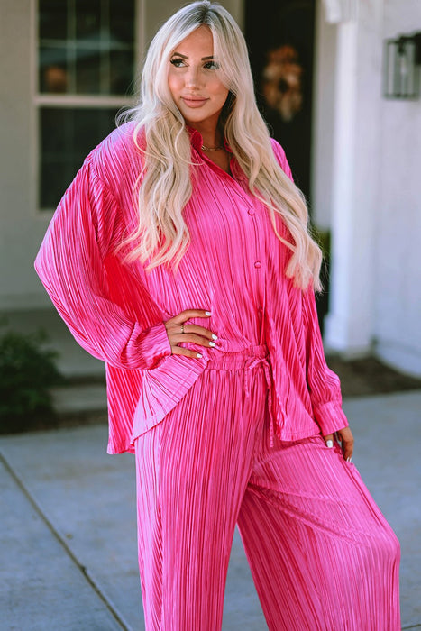 Pleated Button Up Shirt and Wide-Leg Pants Set  Jessie Knowles