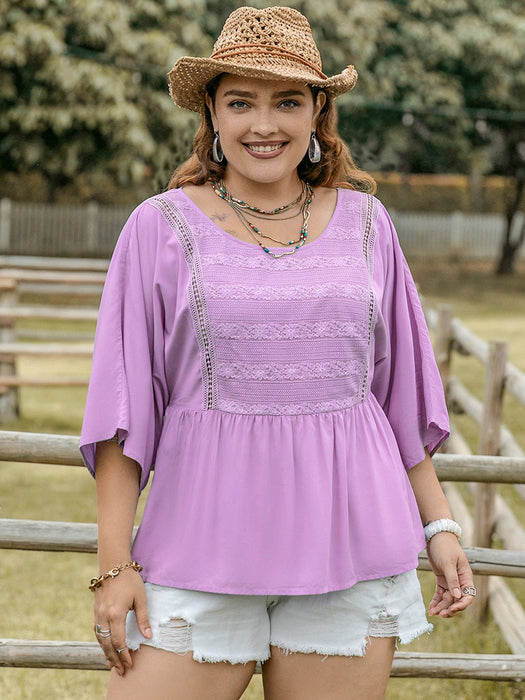 Plus Size Lace Detail Round Neck Three-Quarter Sleeve Blouse  Jessie Knowles