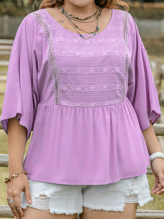 Plus Size Lace Detail Round Neck Three-Quarter Sleeve Blouse  Jessie Knowles