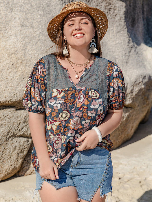 Printed Notched Half Sleeve Blouse TOPS Jessie Knowles