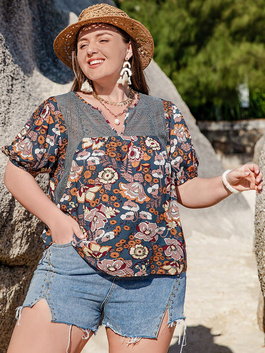 Printed Notched Half Sleeve Blouse TOPS Jessie Knowles