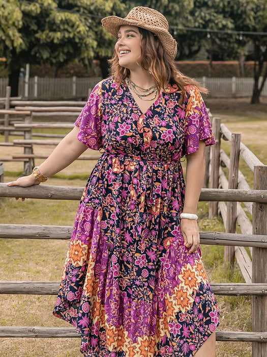 Plus Size Printed V-Neck Flutter Sleeve Midi Dress  Jessie Knowles