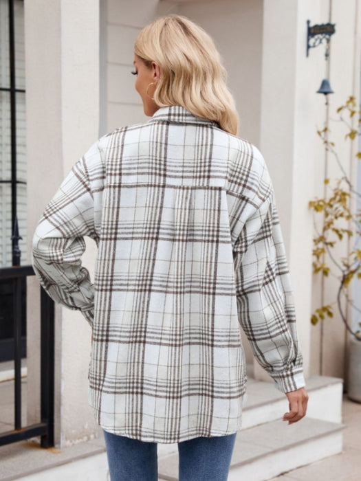 Pocketed Plaid Collared Neck Long Sleeve Shirt TOPS Jessie Knowles