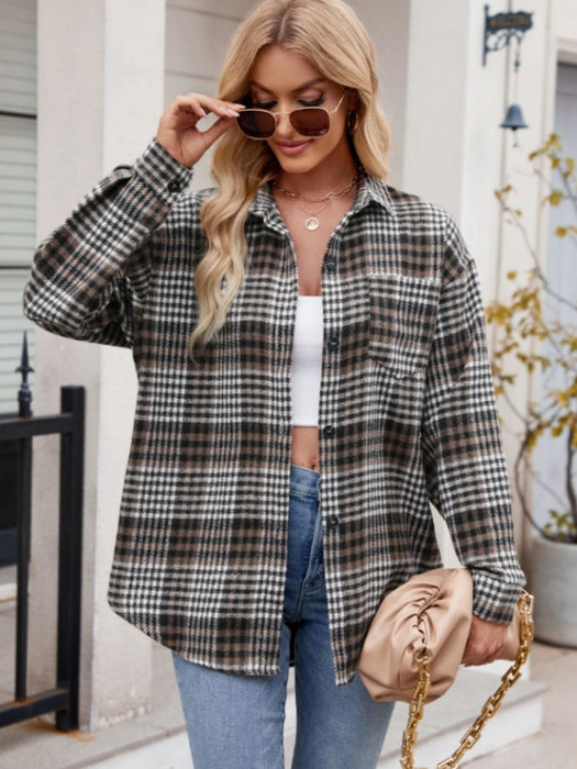 Pocketed Plaid Collared Neck Long Sleeve Shirt TOPS Jessie Knowles