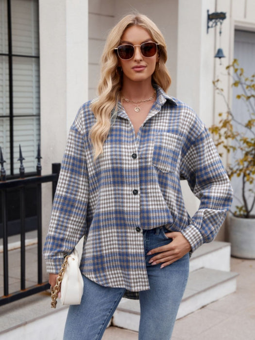 Pocketed Plaid Collared Neck Long Sleeve Shirt TOPS Jessie Knowles