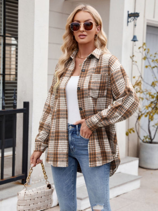 Pocketed Plaid Collared Neck Long Sleeve Shirt TOPS Jessie Knowles