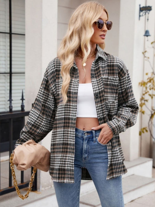 Pocketed Plaid Collared Neck Long Sleeve Shirt TOPS Jessie Knowles