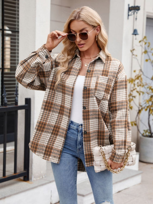 Pocketed Plaid Collared Neck Long Sleeve Shirt TOPS Jessie Knowles