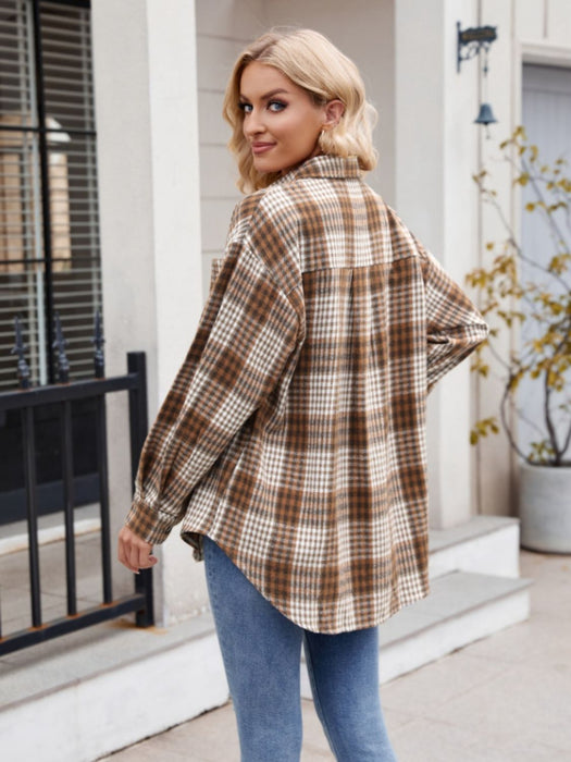 Pocketed Plaid Collared Neck Long Sleeve Shirt TOPS Jessie Knowles