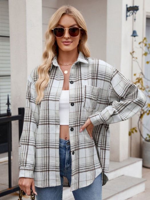 Pocketed Plaid Collared Neck Long Sleeve Shirt TOPS Jessie Knowles