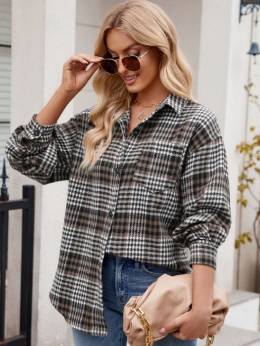 Pocketed Plaid Collared Neck Long Sleeve Shirt TOPS Jessie Knowles