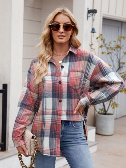 Pocketed Plaid Collared Neck Long Sleeve Shirt TOPS Jessie Knowles