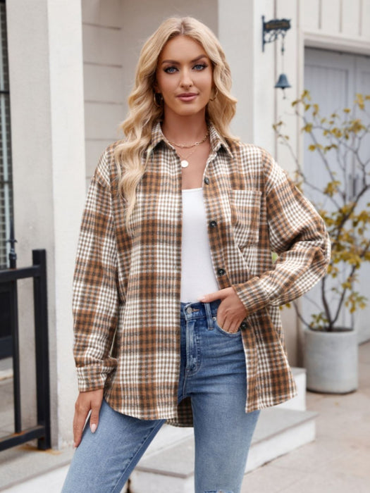 Pocketed Plaid Collared Neck Long Sleeve Shirt TOPS Jessie Knowles