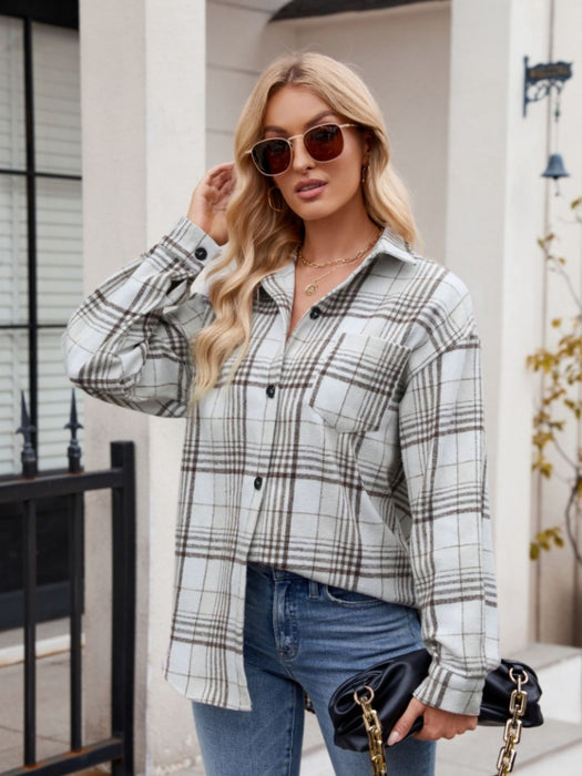 Pocketed Plaid Collared Neck Long Sleeve Shirt TOPS Jessie Knowles