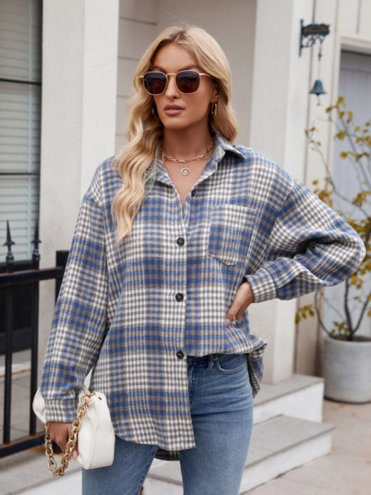 Pocketed Plaid Collared Neck Long Sleeve Shirt TOPS Jessie Knowles