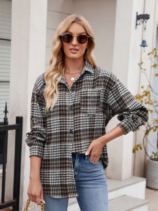 Pocketed Plaid Collared Neck Long Sleeve Shirt TOPS Jessie Knowles