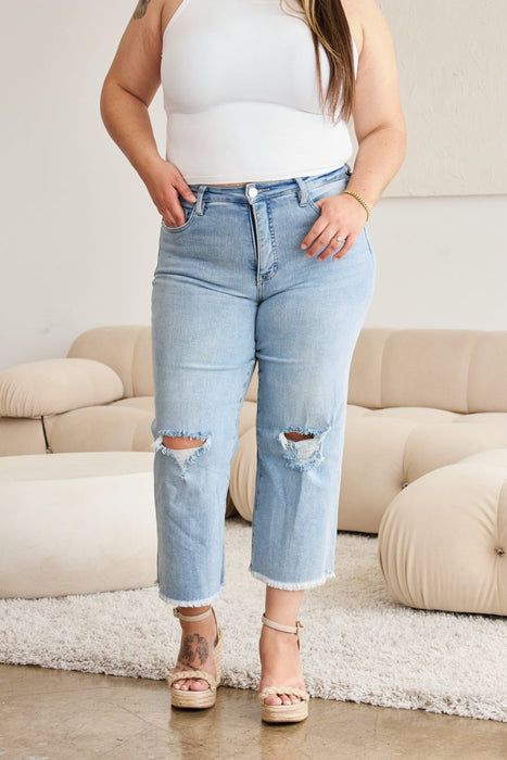 RFM Tummy Control High Waist Raw Hem Distressed Jeans BOTTOMS Jessie Knowles