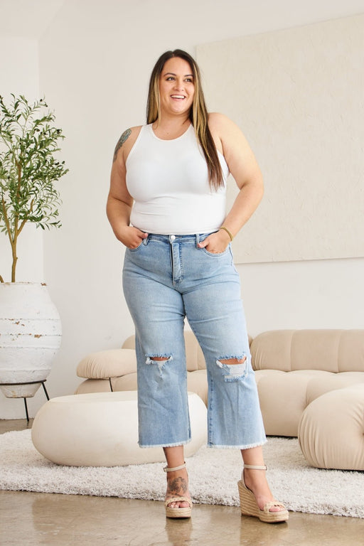 RFM Tummy Control High Waist Raw Hem Distressed Jeans BOTTOMS Jessie Knowles