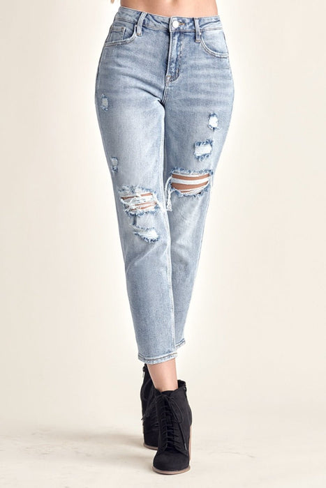 RISEN Distressed Slim Cropped Jeans BOTTOMS Jessie Knowles