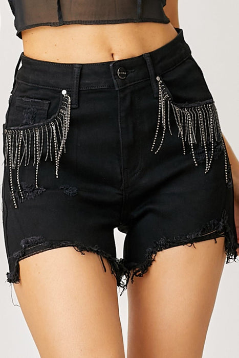 RISEN Frayed Hem Denim Shorts with Fringe Detail Pockets  Jessie Knowles