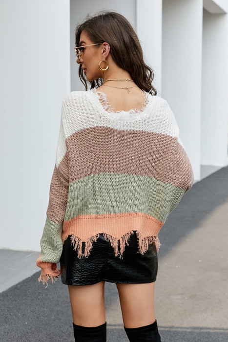 Striped Fringe Trim V-Neck Sweater  Jessie Knowles