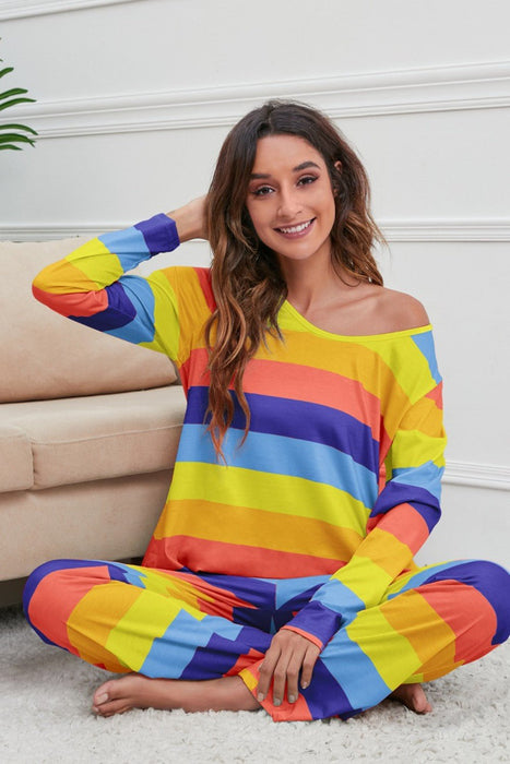 Striped Round Neck Long Sleeve Top and Drawstring Pants Lounge Set  Jessie Knowles