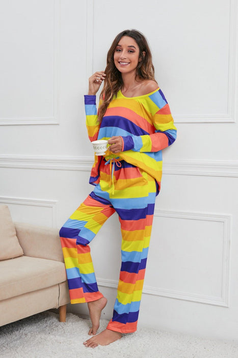 Striped Round Neck Long Sleeve Top and Drawstring Pants Lounge Set  Jessie Knowles