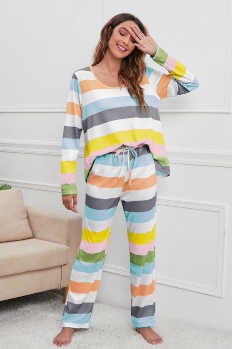 Striped Round Neck Long Sleeve Top and Drawstring Pants Lounge Set  Jessie Knowles