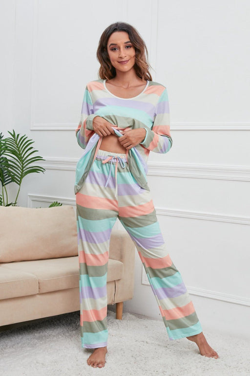 Striped Round Neck Long Sleeve Top and Drawstring Pants Lounge Set  Jessie Knowles