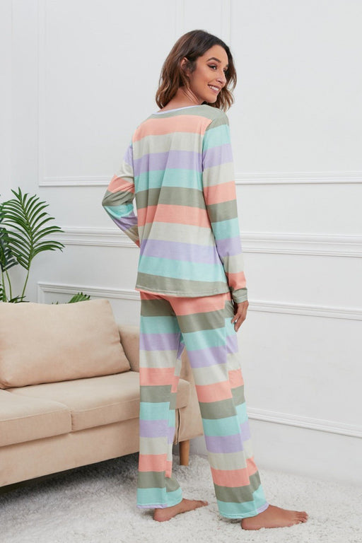 Striped Round Neck Long Sleeve Top and Drawstring Pants Lounge Set  Jessie Knowles