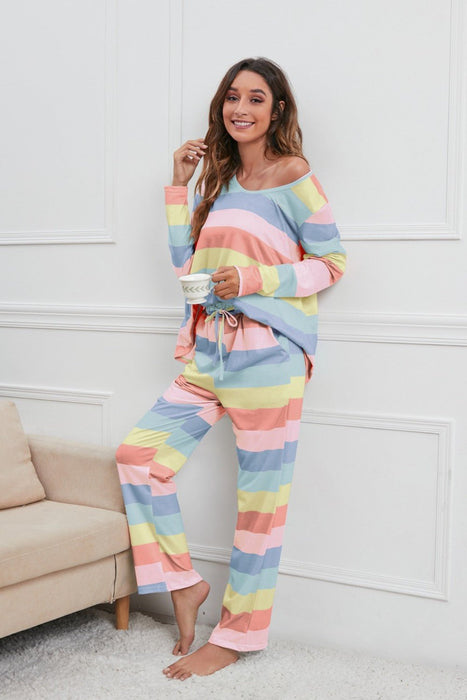 Striped Round Neck Long Sleeve Top and Drawstring Pants Lounge Set  Jessie Knowles