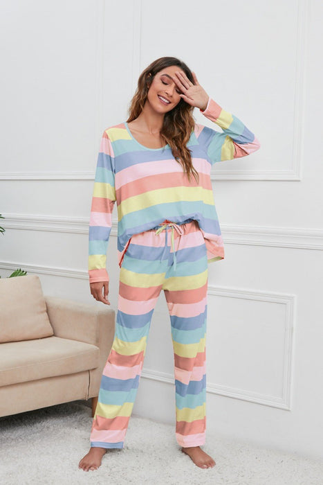 Striped Round Neck Long Sleeve Top and Drawstring Pants Lounge Set  Jessie Knowles