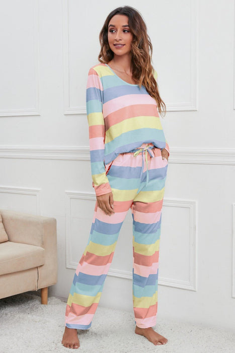 Striped Round Neck Long Sleeve Top and Drawstring Pants Lounge Set  Jessie Knowles