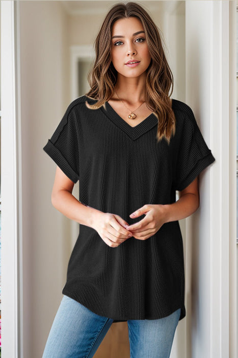 Textured V-Neck Short Sleeve Top  Jessie Knowles