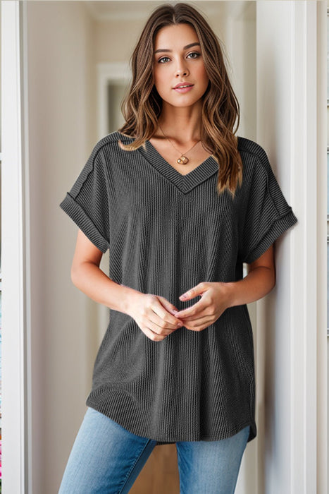 Textured V-Neck Short Sleeve Top  Jessie Knowles