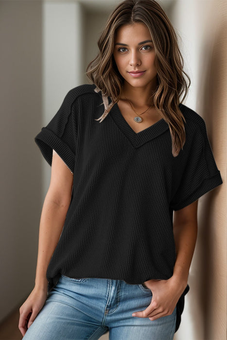 Textured V-Neck Short Sleeve Top  Jessie Knowles