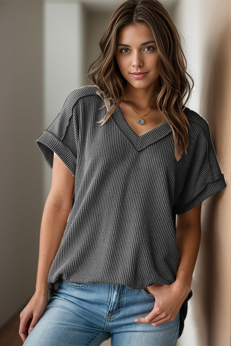 Textured V-Neck Short Sleeve Top  Jessie Knowles