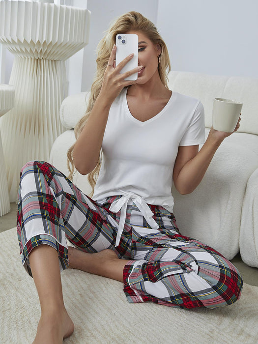 V-Neck Tee and Plaid Pants Lounge Set  Jessie Knowles