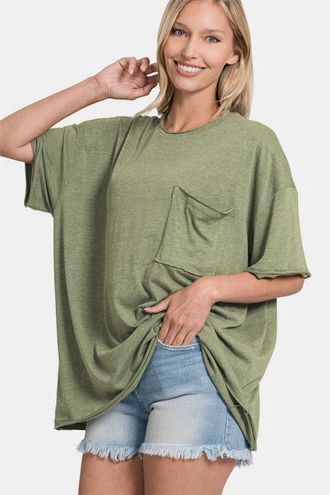 Zenana Drop Shoulder Oversized Front Pocket T-Shirt TOPS Jessie Knowles