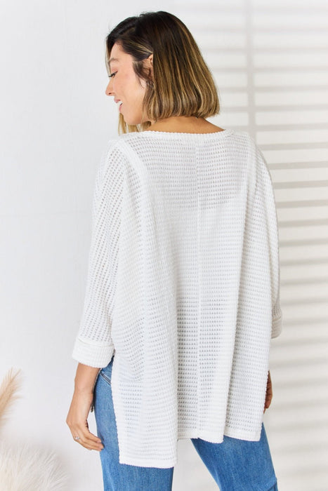 Zenana Waffle Knit V-Neck Long Sleeve Slit Top  Jessie Knowles