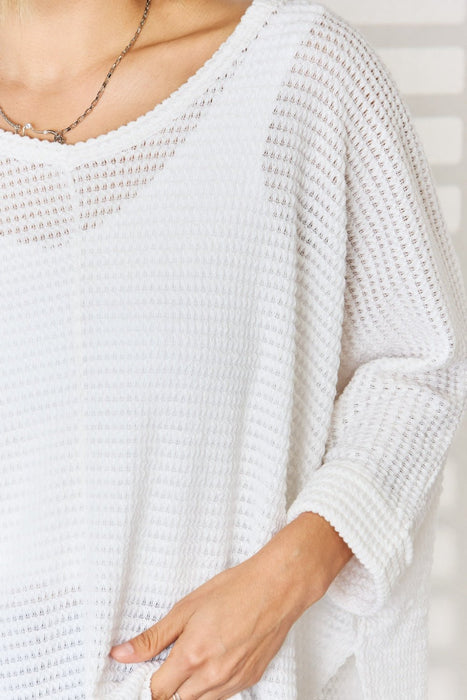 Zenana Waffle Knit V-Neck Long Sleeve Slit Top  Jessie Knowles