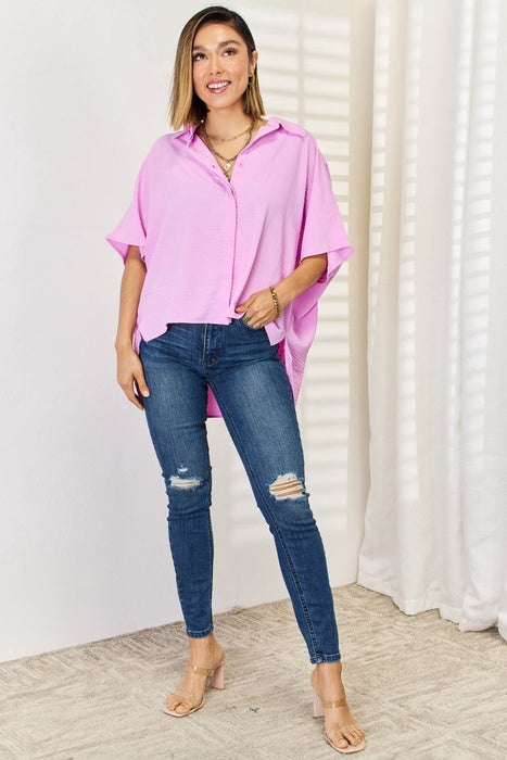 Zenana Texture Button Up Short Sleeve High-Low Shirt TOPS Jessie Knowles