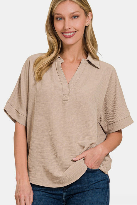 Zenana Texture Collared Neck Short Sleeve Top  Jessie Knowles